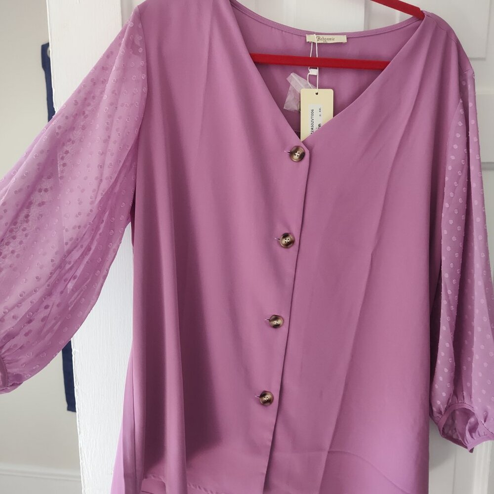 Bebonnie Womens Lantern 3/4 Sleeve Causal Loose V Neck Chiffon Blouses Tops